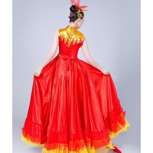 Red gold flamenco dance dresses women's female competition stage performance chorus host Spanish bull dancing dresses costumes